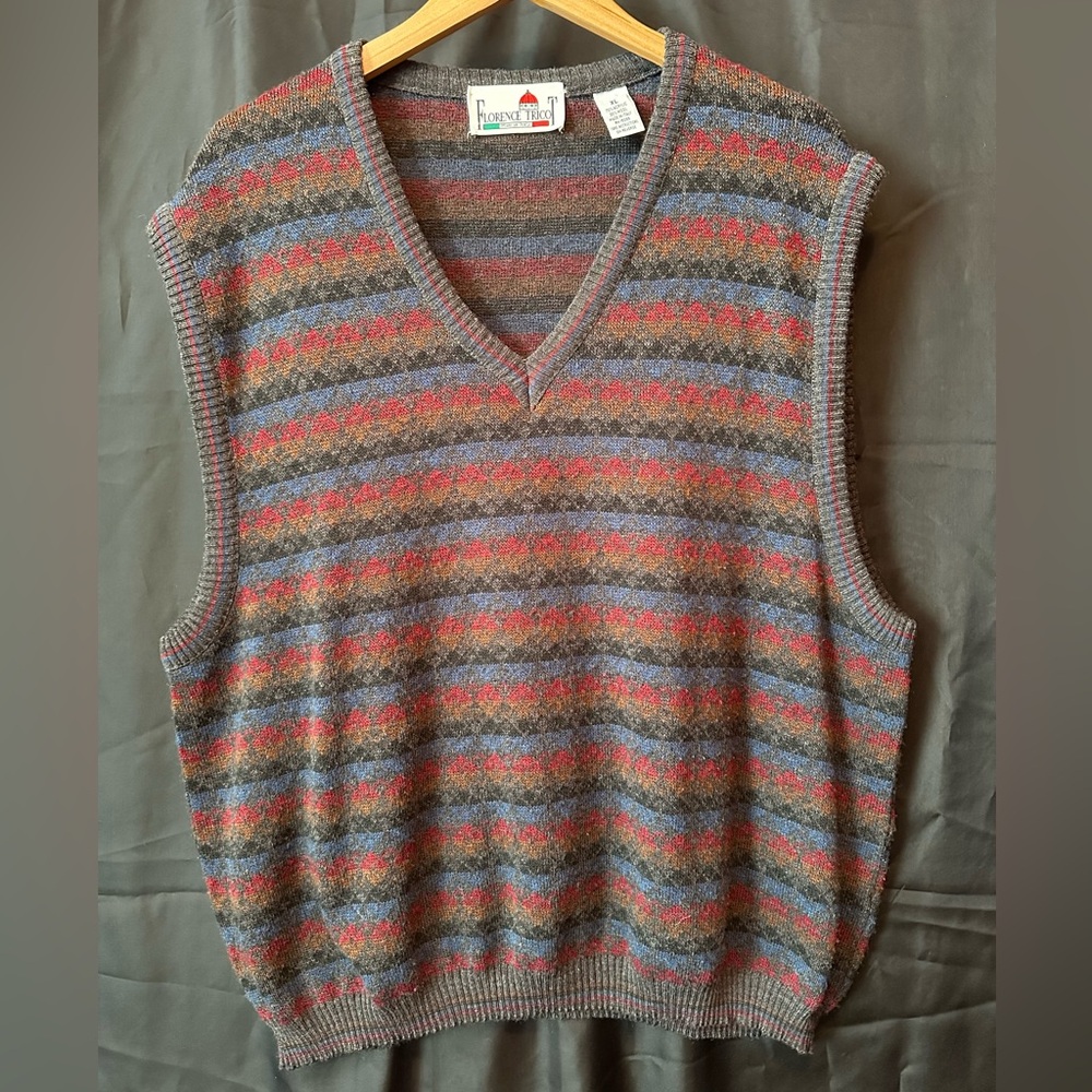 Vtg Florence Tricot Cosby Style Sweater Vest Geometric Preppy Academia V Neck